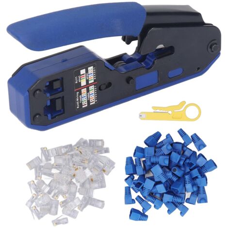 Pince de Crimpage RJ45 Tout-in-1 avec Coupeur et Dénudeur pour Cat5/6/5e et Connecteurs Pass-Through - Kit Complet (50 RJ + 50 Gainesses)