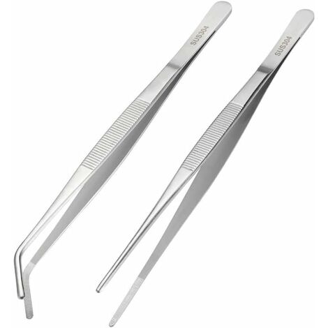 Pince de Cuisine, Pince Fine INOX, Pince à rôtir, Pince Droite, Pince Épiler Cuisine, Pincette Culinaire de Precision, Polyvalent(1 pièce Droite+1 pièce Coude, 16 cm)