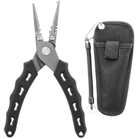 Pince multifonction de pêche en acier inoxydable, type japonais portable avec sac en tissu Oxford pour extérieur, noir.