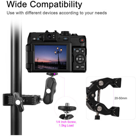 Pince multifonctionnelle en alliage d'aluminium avec double rotule rotative à 360°, fixation par vis 1/4", filetages 1/4" et 3/8", charge maximale de 1,5 kg
