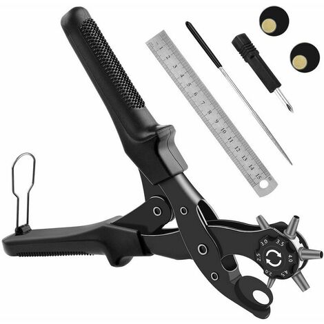 Pince Perforatrice avec 6 Taille du Trou Cadran [Upgraded], Perforatrice Cuir, Poinçon À Ceinture Professional avec Tige de Meulage, pour Cuir, L'artisanat,Plastique,Feutre,Caoutchouc (Noir)
