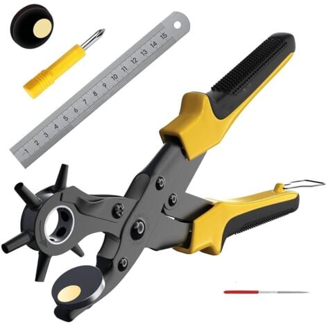 Pince perforatrice en cuir perce ceinture troueuse ceinture 2mm - 4,5mm Pour les chaussures les cartes l'artisanat la toile les sacs - Poinçon à manche jaune + règle + bâton de meulage