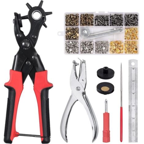 Pince Perforatrice en Cuir Rotative avec 6 Poinçon 2-2,5-3 - 3,5-4 - 4,5 mm Pince Parfait pour Ceintures, Travaux Manuels + 240 PCS Rivets en Cuir Rivet à Double Capuchon