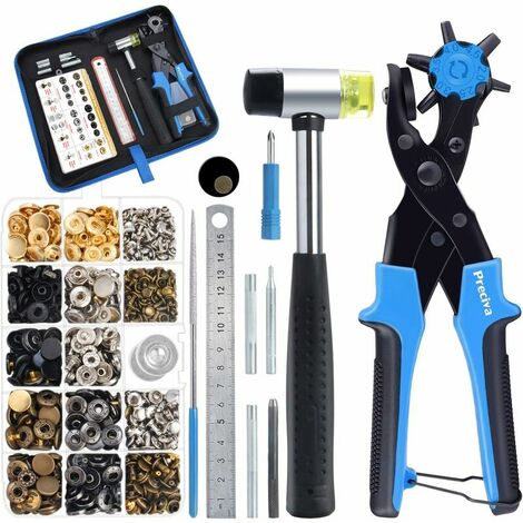 Pince Perforatrice Rotatif pour Cuir , 6 Tailles Pince à Oeillet/Perforateur à Ceinture, Outil de Perforation avec 240 rivets, 100 Boutons, Règle, Coussin en Laiton pour Cuir, Ceinture(Bleu)