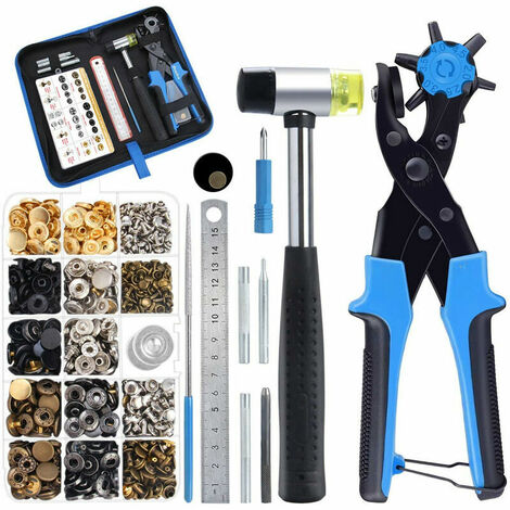 Pince Perforatrice Rotatif pour Cuir, 6 Tailles Pince à Oeillet/Perforateur à Ceinture, Outil de Perforation avec 240 rivets, 100 Boutons, Règle, Coussin en Laiton pour Cuir, Ceinture(Bleu),