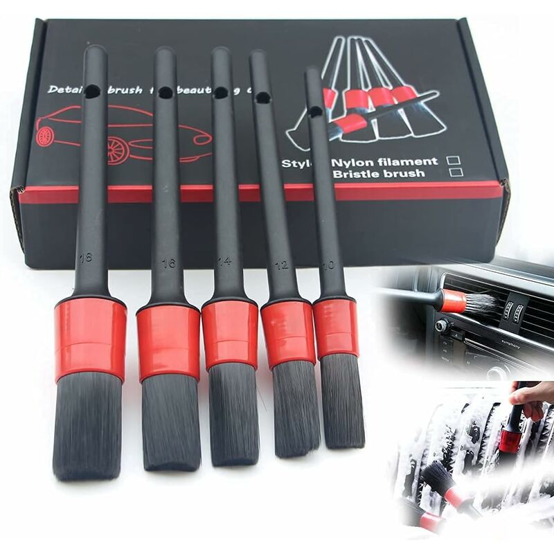 Pinceau de Détail, 5pcs Auto Detailing Brush Set, Cleaner Brush Set, Brush pour La Voiture Moto Roues de Nettoyage Automobile, Tableau de Bord,