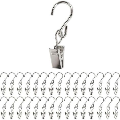 Pinces à rideau avec crochet en S, 30 pièces, en Couleur Argent, crochets avec pince polyvalente pour rideaux avec crochet coulissant, supports guirlandes lumineuses, attaches décoratives, clip rideau