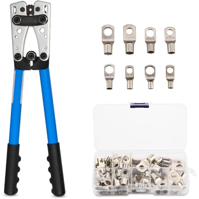 Pinces à Sertir + 60 Cosses Professionnel kit- AWG 10-0, 6/10/16/25/35/50 mm² TEENO, Pince Coupe-Câble Multifonctionnel avec Poingnée, Electriques