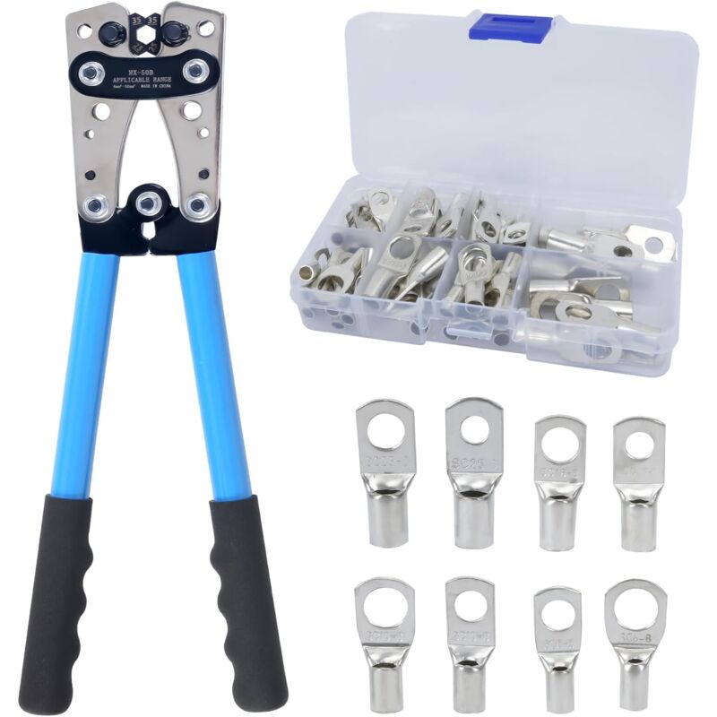 Tigrezy - Pinces à Sertir avec 60 cosses kit Pinces à Sertir pour Cosses de Câble awg 10-0, 6/10/16/25/35/50 mm² Pince a Sertir Cosse Electrique pour