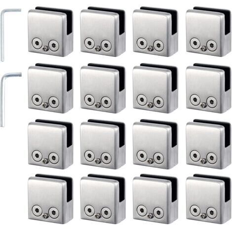 Pinces à verre,16 pièces en acier inoxydable 304 de 8 à 10 mm,Supports de verre réglables à dos plat, Convient pour les rampes d'escalier, les mains courantes