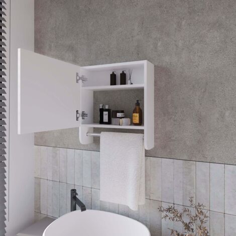 Pine armoire de toilette en mélamine avec miroir et barre porte-serviettes