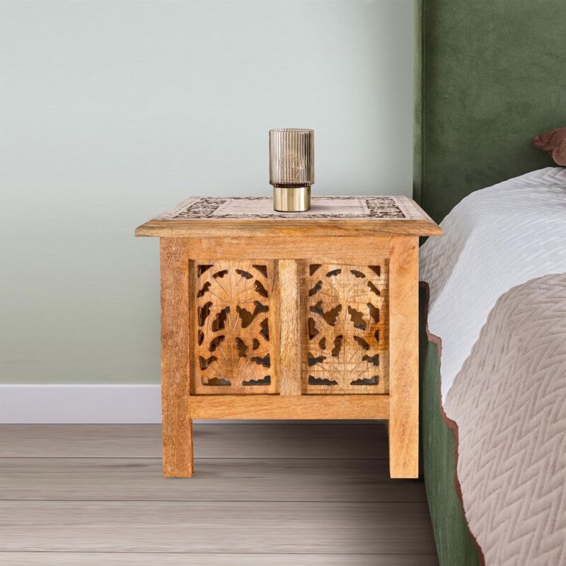 Antique Effect Square Carved Wooden Bedside Lamp Table Side End Coffee Tables [Pine,Medium 38x38x39 cm]