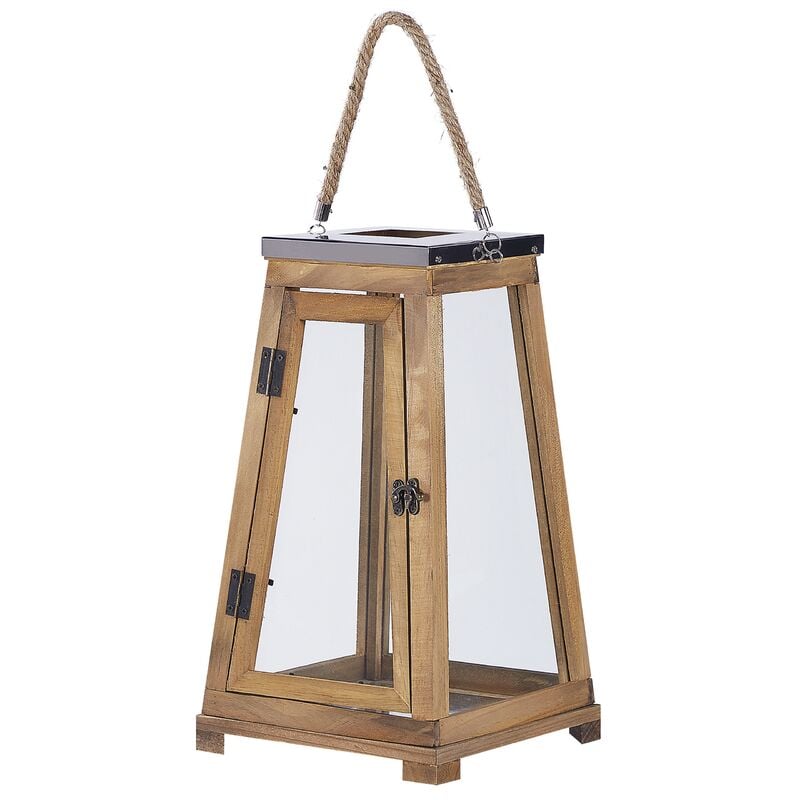 Beliani - Pine Wood Decorative Lantern with Doors Accessory Candle Lamp 39 cm Brown Pulau - Brown