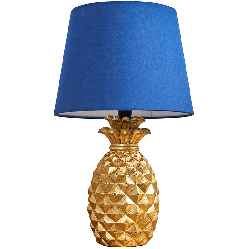 Gold Pineapple Base Table Lamp Reading Light Lamphades - Navy Blue - Including LED Bulb