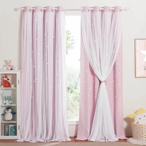 Pink Blackout Curtains - Girls Room Double Layer Curtain Stars Perforated Pattern with Voile Window Decor for Kids, W 132 x H 213 cm, Light Pink, 2 Pieces