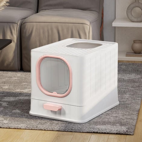 Pink Enclosed Folding Cat Litter Box Toilet with Scoop