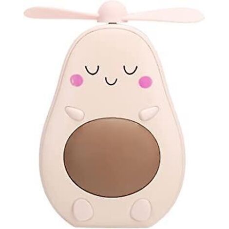 (Pink) Mini-Tischventilator mit kleinem LED-Nachtlicht, ultraleise, wiederaufladbarer USB-Mini-Ventilator in Avocadoform mit Spiegel