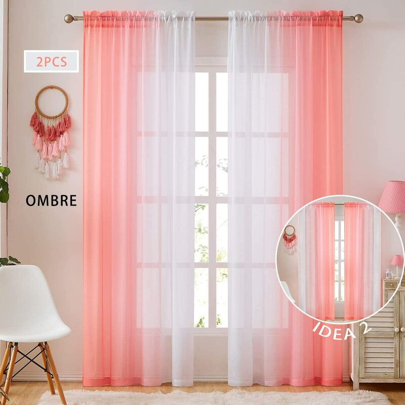 Pink Ombre Faux Linen Sheer Curtains for Bedroom Living Room Rod Pocket, 2 Tone Reversible Gradient Voile Semi Window Curtains,Privacy and Light