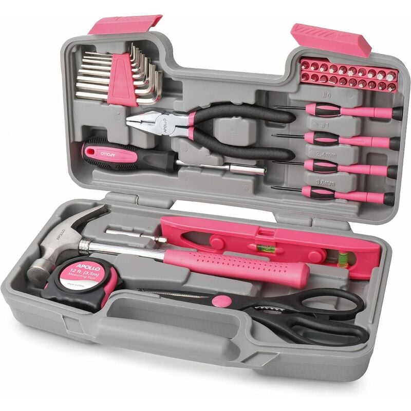 Pink Tool Kit, 39 Pieces Lady's Tool Box with Pliers Set, Hammer, Precision Screwdriver and Household Tools in Durable Box - Gdrhvfd