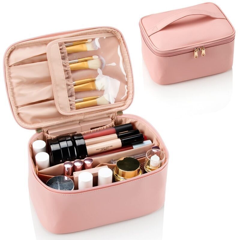 Pink travel makeup bag: large capacity and high quality for women