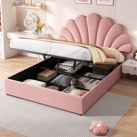 Pink Velvet Upholstered Double Bed with Adjustable Petal Headboard - 4ft6 Hydraulic Storage Bed Frame with Solid Wood Slats, No Box Spring Needed, Luxury Bedroom Furniture