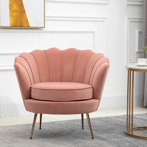 Pink Velvet Upholstered Scallop Chair Golden Wooden Legs Modern Padded Armchair