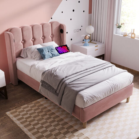 Pink Velvet Upholstered Single Bed with USB & Type-C Charging Ports - 3ft 90x190cm Teen Bed Frame with Wooden Slats for Bedroom & Guest Room, No Mattress Included