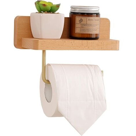 Pink  Wooden Toilet Paper Holder with Shelf Self Adhesive Wall Mounted Toilet Paper Holder for Bathroom