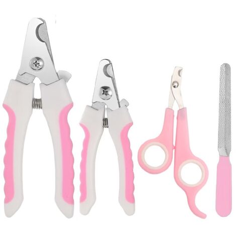 Pinkfarbene Krallenschere für Haustiere mit 4 Scherköpfen und Sicherheitsverriegelung gegen zu kurzes Schneiden. Professionelle Krallenschere.