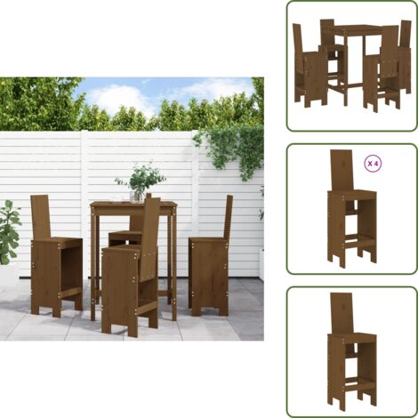 Pino - vidaXL Mesa y taburetes altos de jardín 5 pzas madera pino marrón miel - Mesa y taburetes