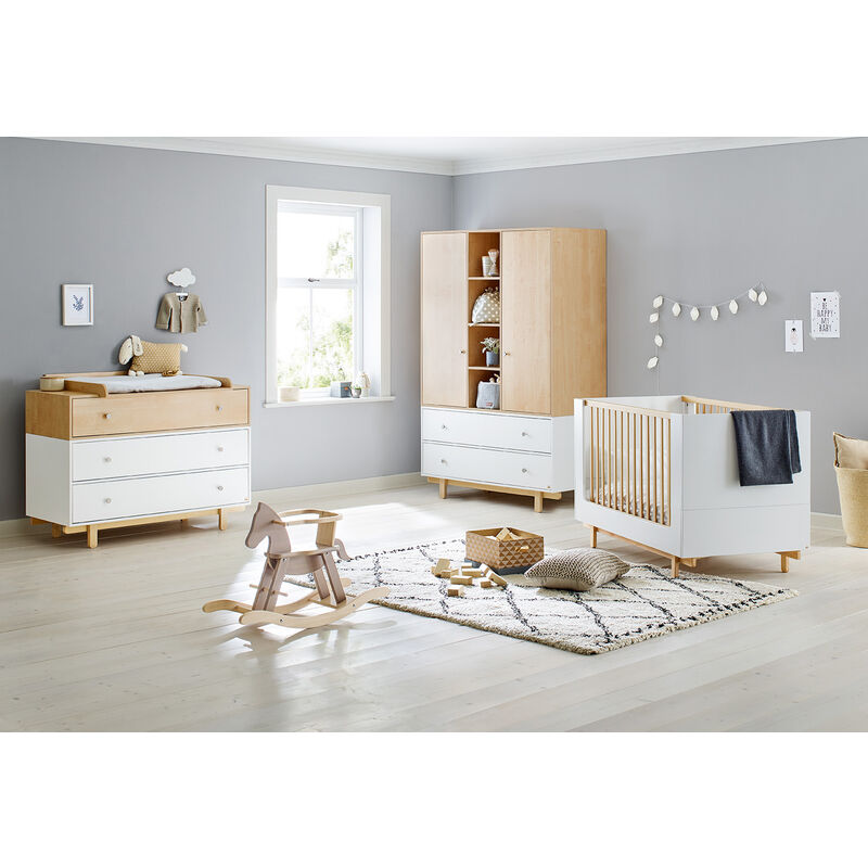 Pinolino - Chambre de bébé 'Boks' large grande3 pièces : lit de bébé évolutif, commode à langer large et armoire grande - blanc