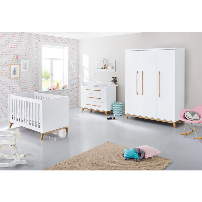 Pinolino - Chambre de bébé 'Riva' large grande3 pièces : lit de bébé évolutif, commode à langer large et armoire grande - blanc
