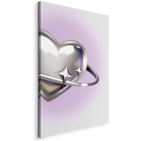 Pintura - Corazón Cósmico - un corazón plateado con un anillo sobre un fondo morado