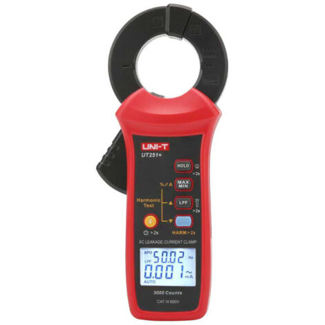 Pinza amperimétrica digital UT251+ para medir corriente de fuga de CA de 0 a 60 A, selección automática de rango, retención de valor pico.