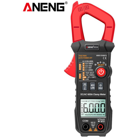 Pinza amperometrica digitale ANENG AC/DC, multimetro True RMS con selezione automatica della portata, per test di amperaggio, tensione, ohm e resistenza.