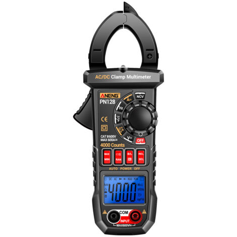 Pinza amperometrica digitale True RMS a 4000 conteggi, misura corrente AC/DC fino a 600A, tensione, resistenza, capacità, diodi e temperatura.