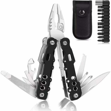 Pinza multifunzione, coltellino svizzero 25 in 1, utensile tascabile multifunzione, con 11 punte per cacciavite, coltellino tascabile con impugnatura ergonomica - Nero