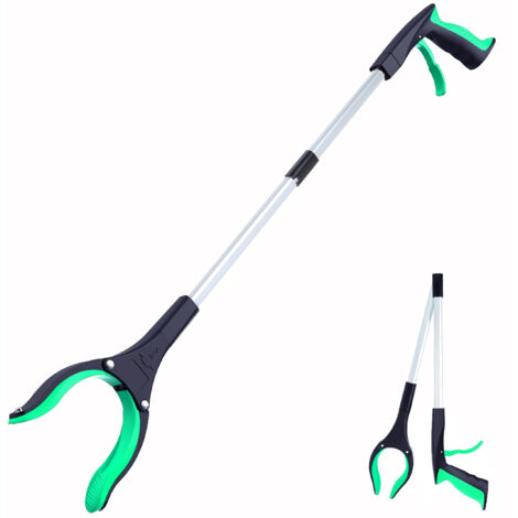 Pinza telescópica de 82 cm con mandíbulas giratorias de 360°, mangos ergonómicos y mandíbulas magnéticas para recoger basura (verde).