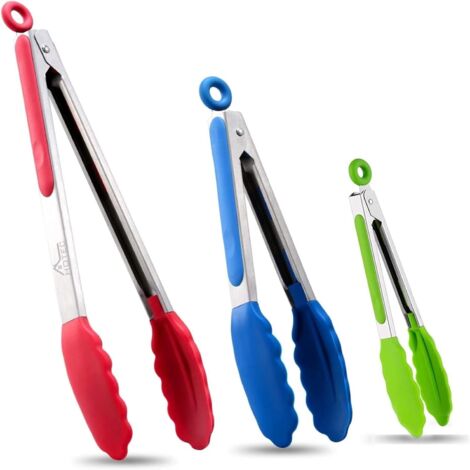 Pinzas de cocina con cerradura, pinzas de cocina de silicona, acero inoxidable de alta calidad con puntas de silicona, juego de 3 - 17,8 cm, 23 cm y 30,5 cm