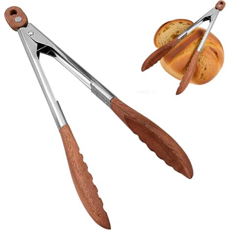 Pinzas de cocina de alta calidad y duraderas, fabricadas en madera y acero inoxidable: pinzas para espaguetis, resistentes al calor para cocinar, asar y servir, resistentes a los arañazos, con mango d