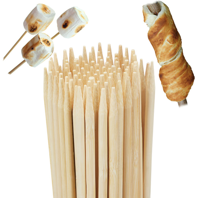Piques à brochettes, bambou, x200, bâtons marshmallow 90 cm de long, feu de camp, barbecue, ø 5 mm, nature - Relaxdays