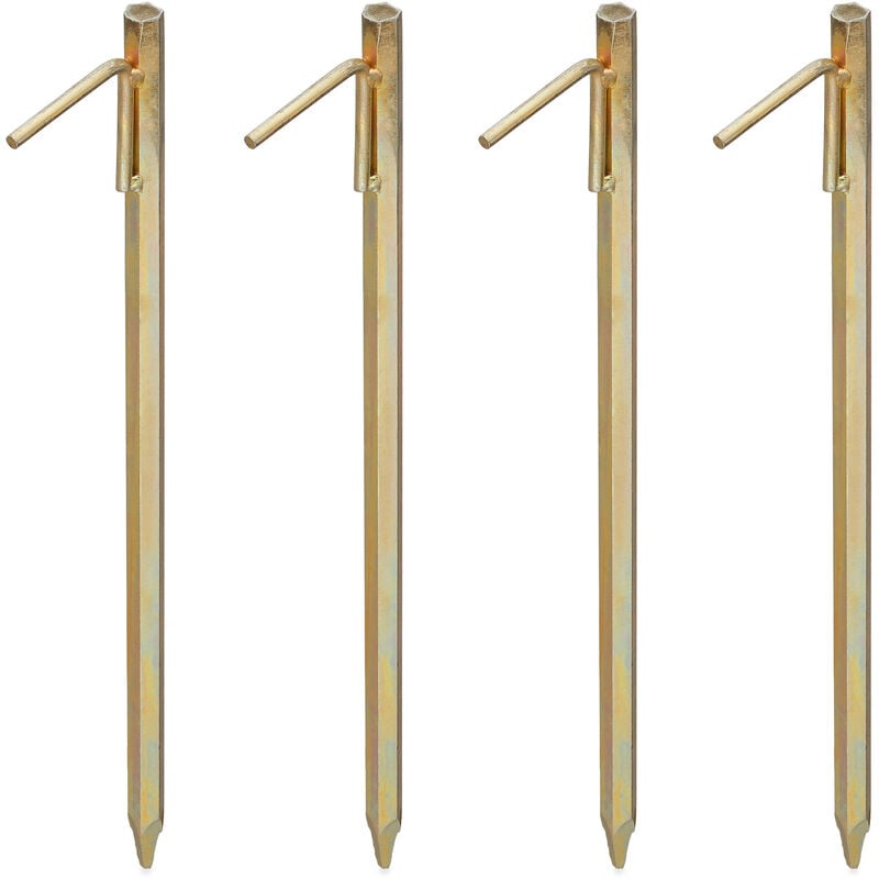 Piquet de fixation lot de 4, sardine pour sols durs, 50 cm, camping, à enfoncer, acier galvanisé, or - Relaxdays