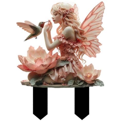 Piquet de jardin décoratif en acrylique représentant une fée et un colibri -