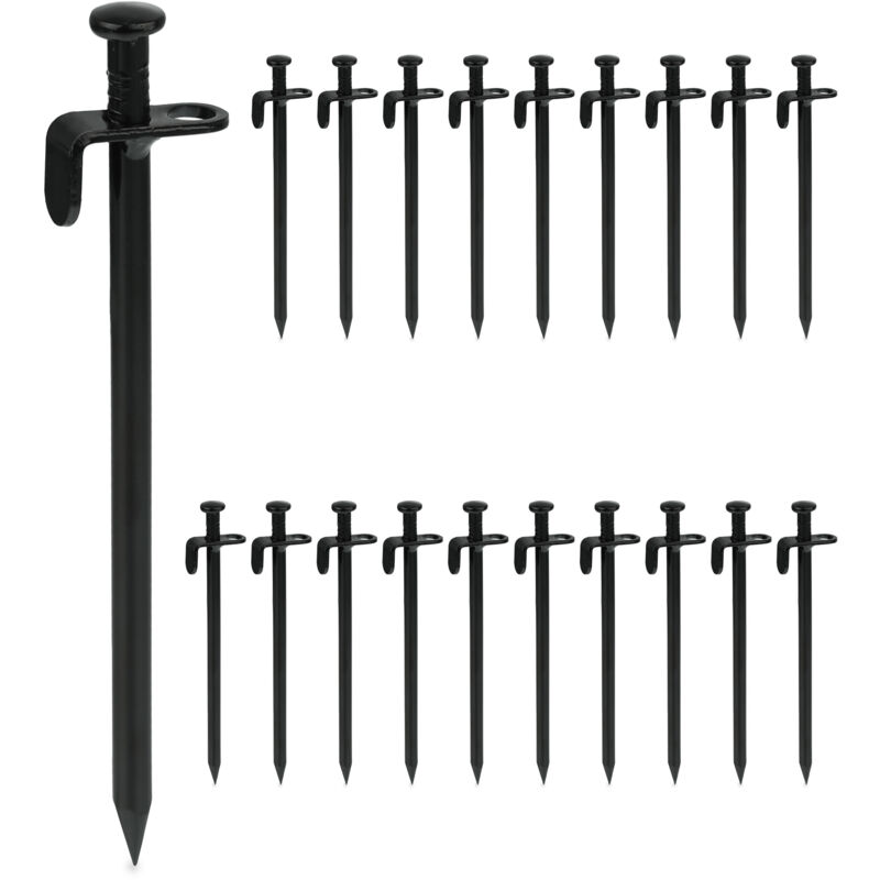 Lot de 20 piquets de fixation, pour sols durs, 20 cm, acier inoxydable, sardines pour le camping, noir - Relaxdays