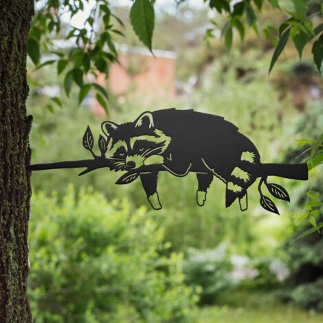 Piquet décoratif pour arbre en forme de silhouette de raton laveur – Décoration de jardin en métal découpé au laser