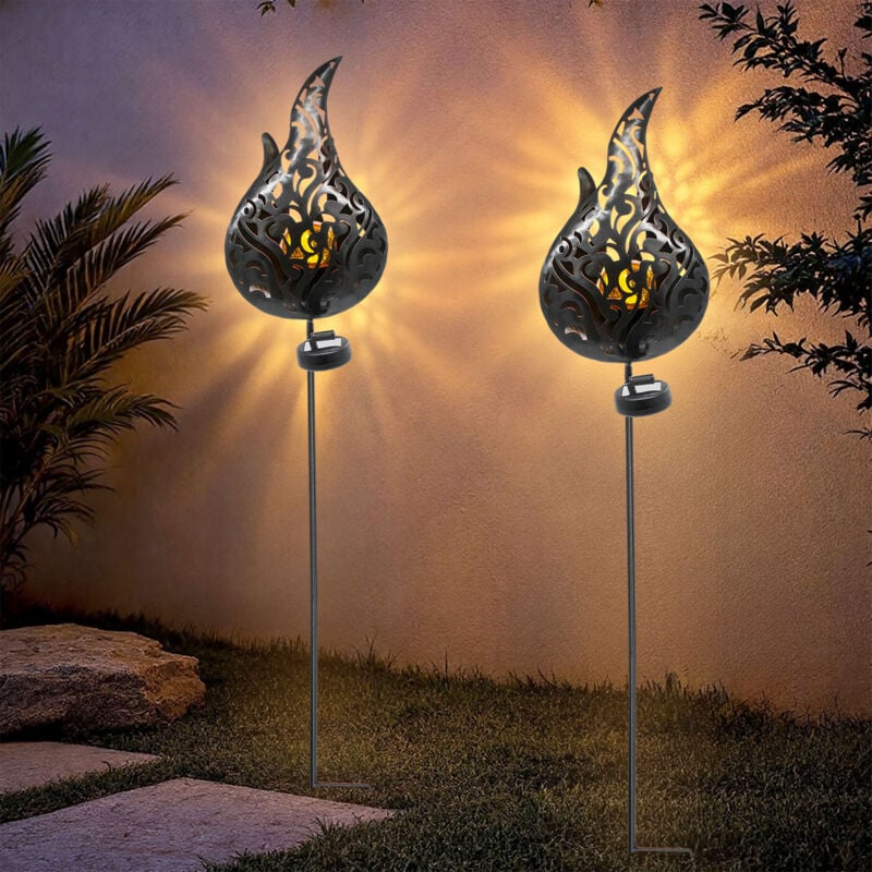 Spetebo - Piquet Solaire de Jardin Flamme avec Boule en Verre led - Lot de 2 - Torche Décorative Métal 92 cm avec Lumière Flamme