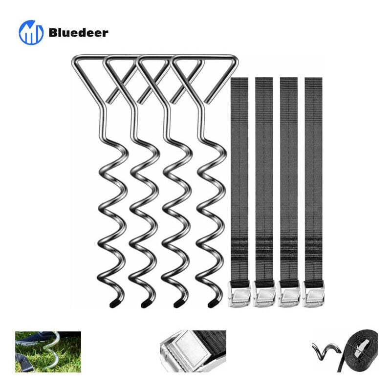 Piquets d'ancrage Spirales Sangles de Serrage Kit ancrage résistance 900kg Acier Inoxydable Fixations pour Trampoline Sécurité