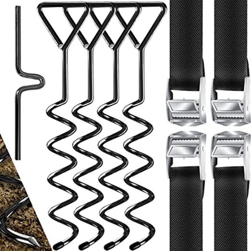 SNQ - Piquets d'ancrage Spirales Sangles de Serrage Kit ancrage résistance 900kg Acier Inoxydable Fixations pour Trampoline Sécurité