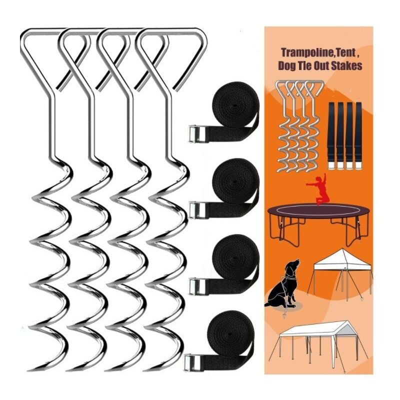 Treetalk - Piquets d'ancrage Spirales Sangles de Serrage Kit ancrage résistance Acier Inoxydable Fixations pour Trampoline Sécurité noir