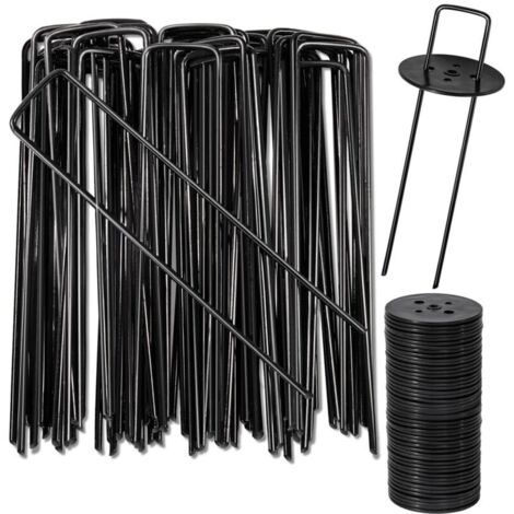 Piquets de Fixation, Piquets de Jardin en Acier au Carbone, 40 Noirs + 40 Rondelles Noirs, Sardines de Fixation pour Gazon Artificiel, Clôture, Bâche, Herbes, H150mm, L25mm, Ø2,8 mm